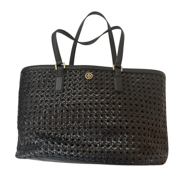 Tory Burch Black Woven Gold Hardware Tote - Picture 2 of 14